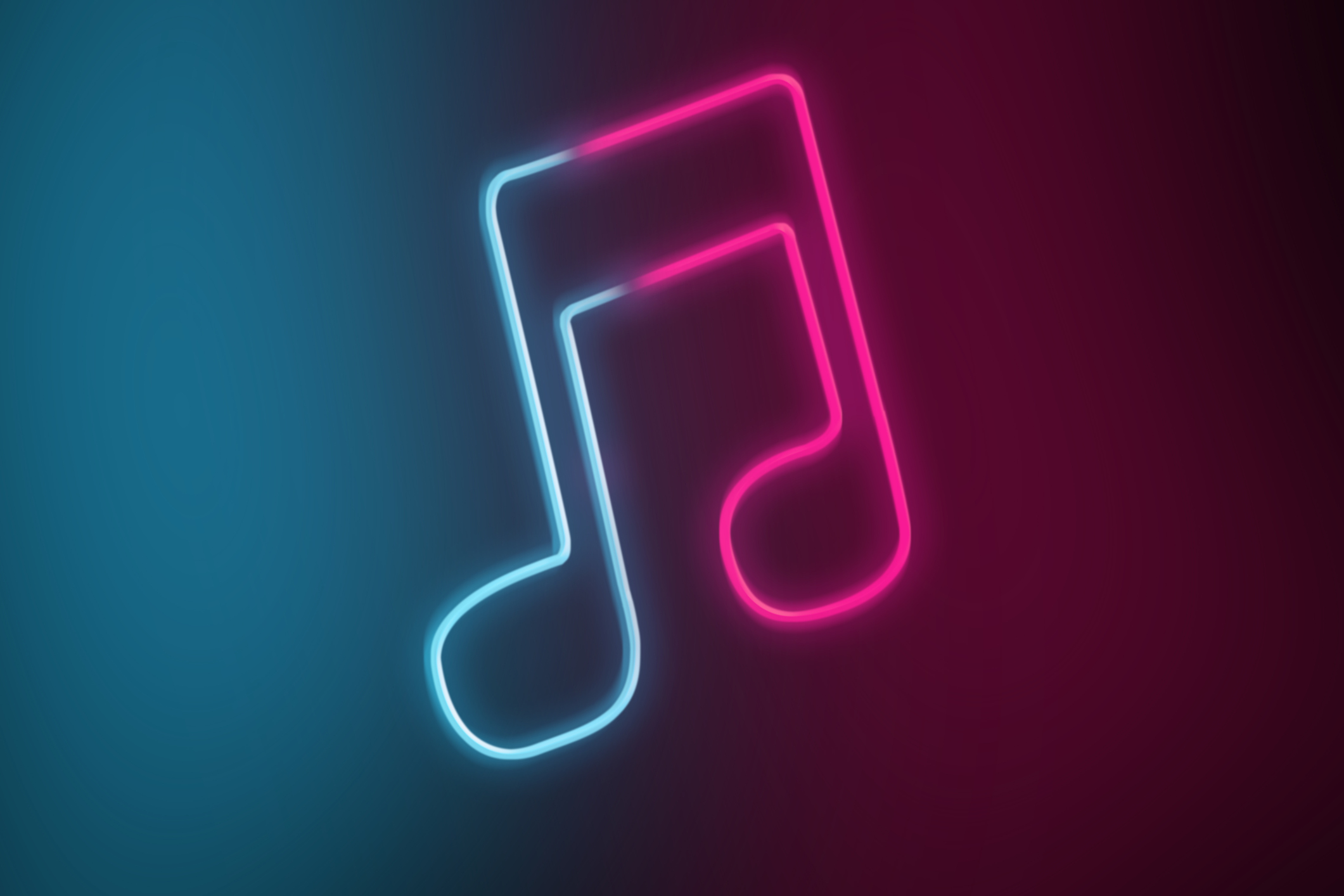 Neon light of musical tone with red and blue colors. Streaming music services for mobile devices.